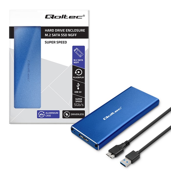 Qoltec Aluminiowa Obudowa | Kieszeń na dysk M.2 SSD | SATA | NGFF | USB 3.0 | Super speed 5Gb/s | 2TB | Niebieski widok 7