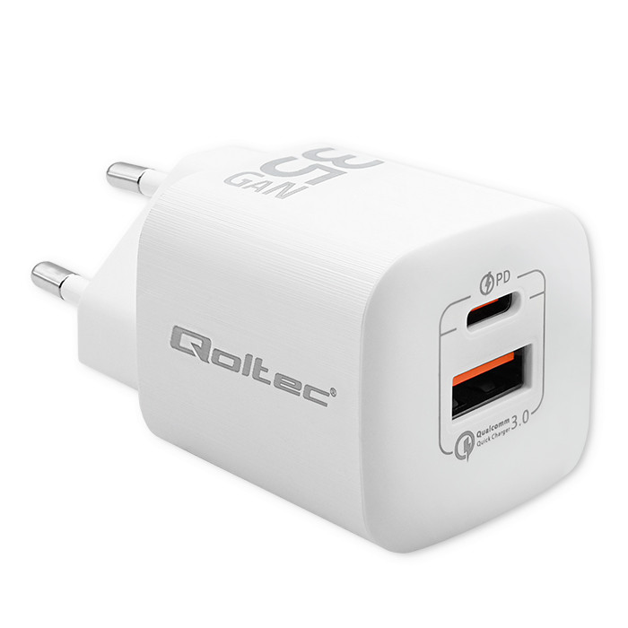 Qoltec Ładowarka sieciowa 35W GaN ULTRA | 5-20V | 2.25-3A | 1 x USB typ C PD | 1 x USB QC 3.0 | Biała widok 2