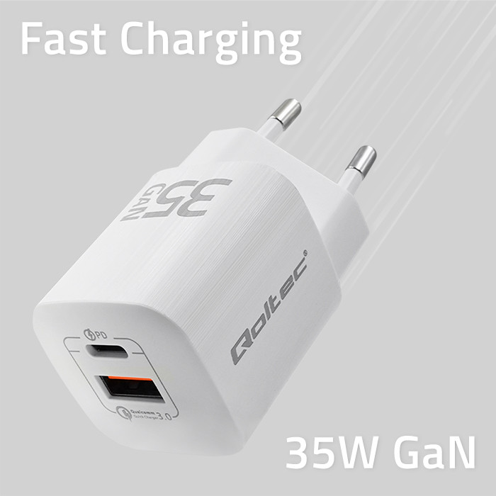 Qoltec Ładowarka sieciowa 35W GaN ULTRA | 5-20V | 2.25-3A | 1 x USB typ C PD | 1 x USB QC 3.0 | Biała widok 5