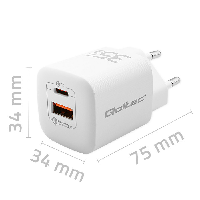 Qoltec Ładowarka sieciowa 35W GaN ULTRA | 5-20V | 2.25-3A | 1 x USB typ C PD | 1 x USB QC 3.0 | Biała widok 8