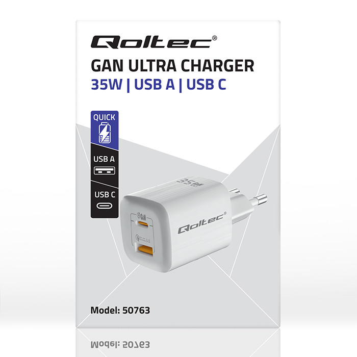 Qoltec Ładowarka sieciowa 35W GaN ULTRA | 5-20V | 2.25-3A | 1 x USB typ C PD | 1 x USB QC 3.0 | Biała widok 9