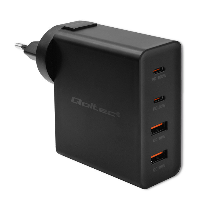 Qoltec Ładowarka GaN POWER PRO | 2xUSB-C | 2xUSB | 130W | 5-20V | 1.5-5A | PD | Laptop | Smartfon | Czarna widok 2
