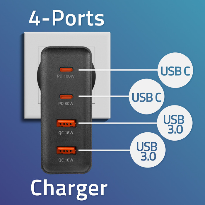 Qoltec Ładowarka GaN POWER PRO | 2xUSB-C | 2xUSB | 130W | 5-20V | 1.5-5A | PD | Laptop | Smartfon | Czarna widok 3