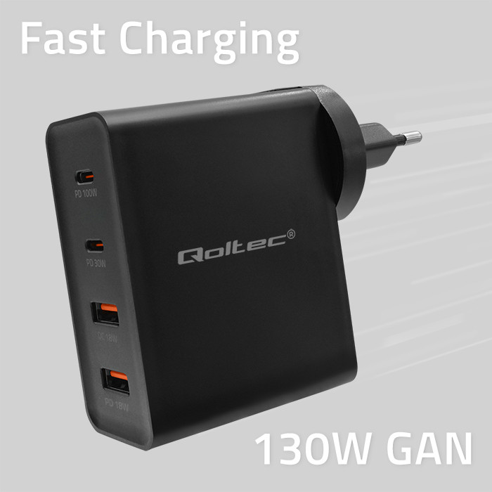 Qoltec Ładowarka GaN POWER PRO | 2xUSB-C | 2xUSB | 130W | 5-20V | 1.5-5A | PD | Laptop | Smartfon | Czarna widok 4