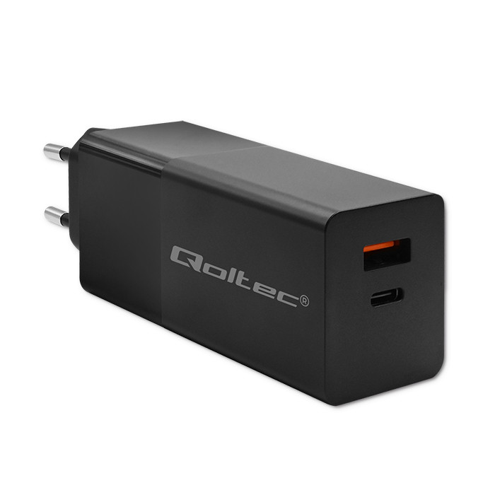 Qoltec Ładowarka GaN POWER PRO | 1xUSB-C | 1xUSB | 100W | 5-20V | 1.5-5A | PD | Laptop | Smartfon | Czarna widok 2