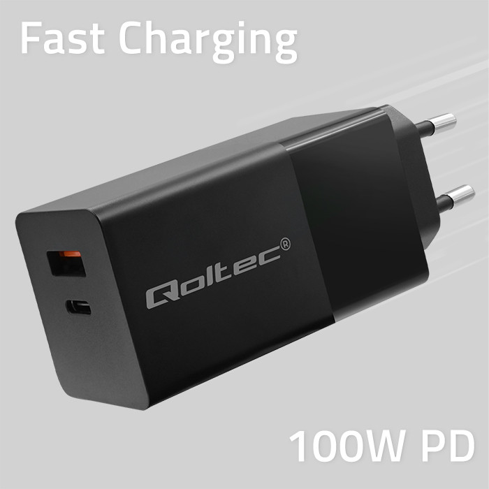 Qoltec Ładowarka GaN POWER PRO | 1xUSB-C | 1xUSB | 100W | 5-20V | 1.5-5A | PD | Laptop | Smartfon | Czarna widok 4