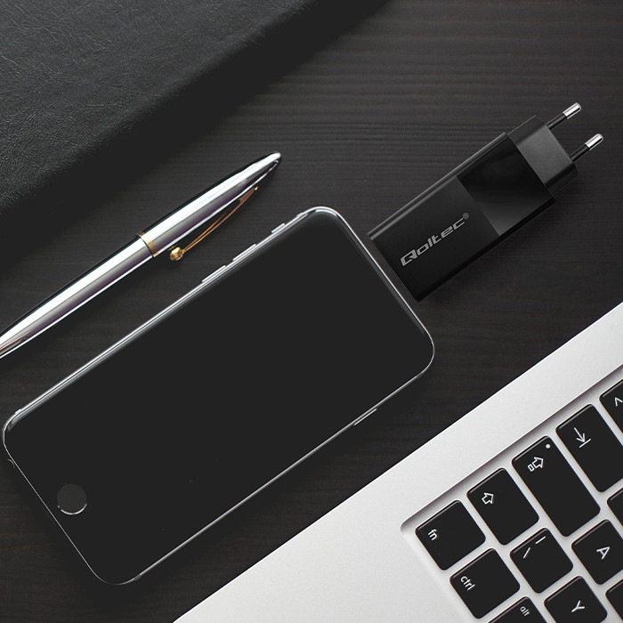 Qoltec Ładowarka GaN POWER PRO | 1xUSB-C | 1xUSB | 100W | 5-20V | 1.5-5A | PD | Laptop | Smartfon | Czarna widok 5
