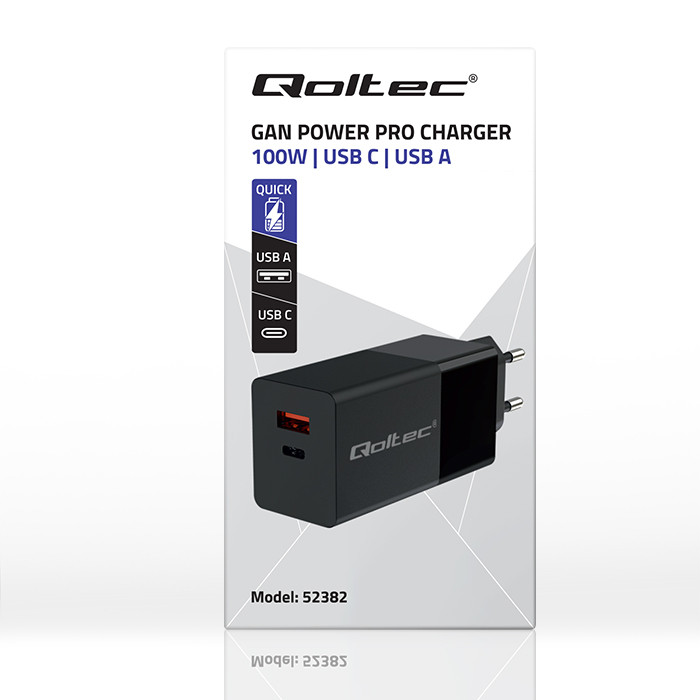 Qoltec Ładowarka GaN POWER PRO | 1xUSB-C | 1xUSB | 100W | 5-20V | 1.5-5A | PD | Laptop | Smartfon | Czarna widok 6
