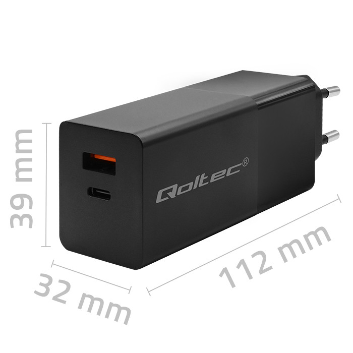Qoltec Ładowarka GaN POWER PRO | 1xUSB-C | 1xUSB | 100W | 5-20V | 1.5-5A | PD | Laptop | Smartfon | Czarna widok 8