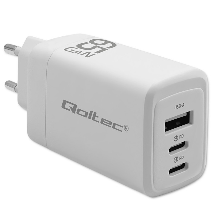 Qoltec Ładowarka sieciowa 65W GaN  | 5-20V | 3-3.35A | 2 x USB-C PD | 1 x USB QC 3.0 | Laptop | Smartfon | Biała widok 2