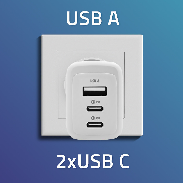 Qoltec Ładowarka sieciowa 65W GaN  | 5-20V | 3-3.35A | 2 x USB-C PD | 1 x USB QC 3.0 | Laptop | Smartfon | Biała widok 3